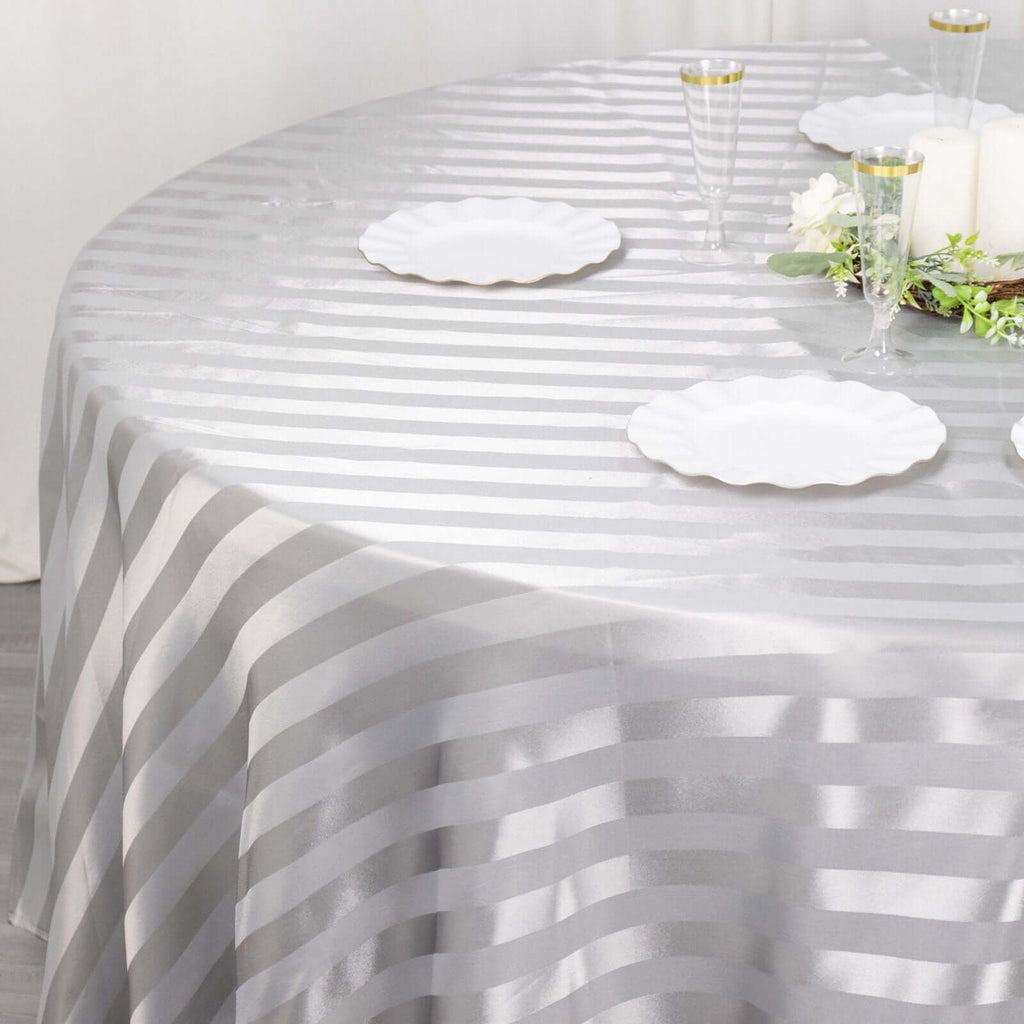 Satin Striped 120" Round Tablecloth Silver - Silky Smooth Seamless Table Cover - Bell Racket Store