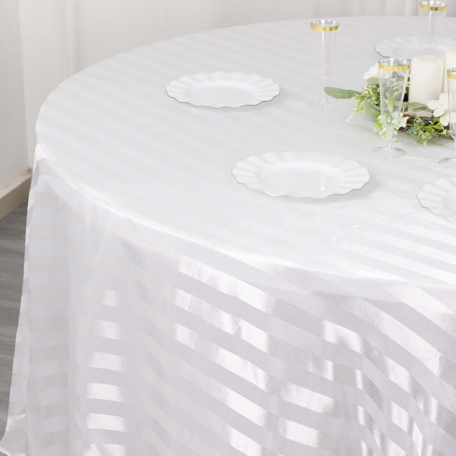 Satin Striped 120" Round Tablecloth White - Silky Smooth Seamless Wedding Decor - Bell Racket Store