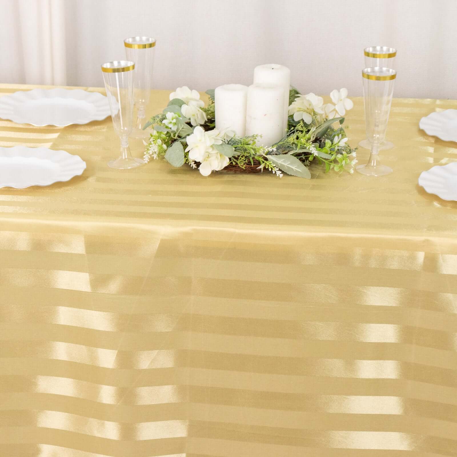 Satin Striped 90"x132" Rectangular Tablecloth Champagne - Seamless Silky Smooth Table Cover - Bell Racket Store
