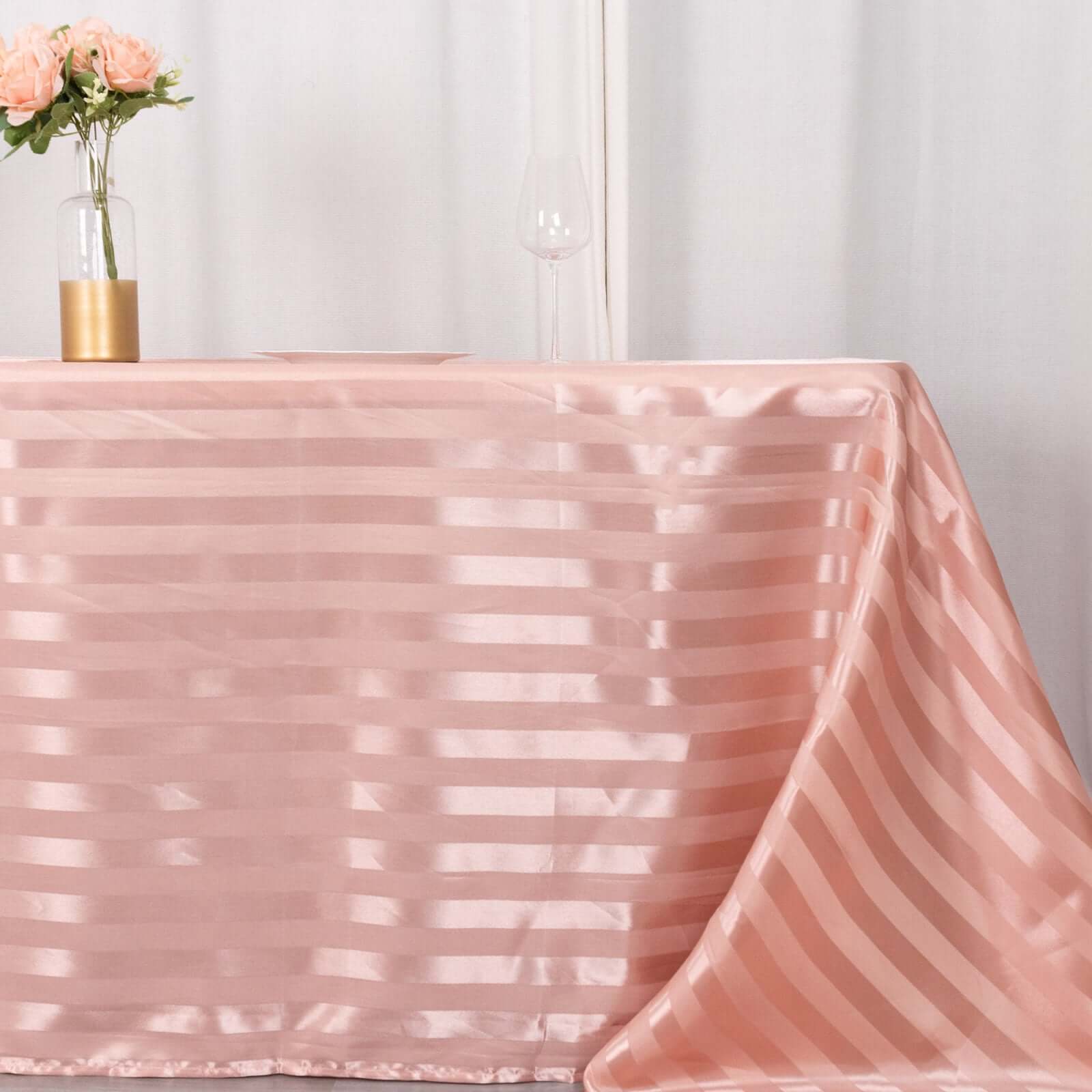 Satin Striped 90"x132" Rectangular Tablecloth Dusty Rose - Seamless Silky Smooth Table Cover - Bell Racket Store