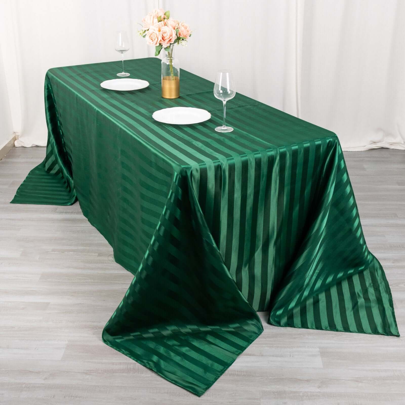 Satin Striped 90"x132" Rectangular Tablecloth Hunter Emerald Green - Seamless Silky Smooth Table Cover - Bell Racket Store