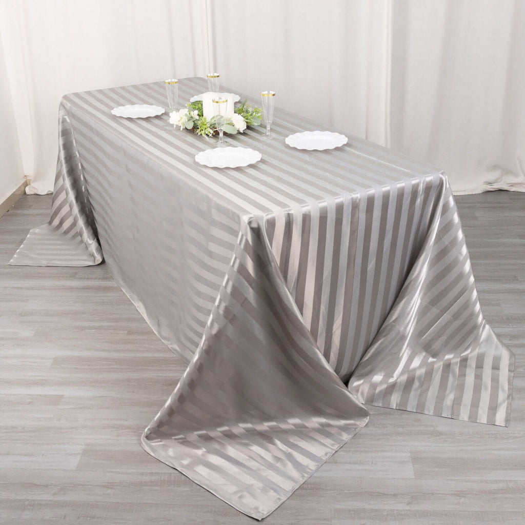 Satin Striped 90"x132" Rectangular Tablecloth Silver - Seamless Silky Smooth Table Cover - Bell Racket Store