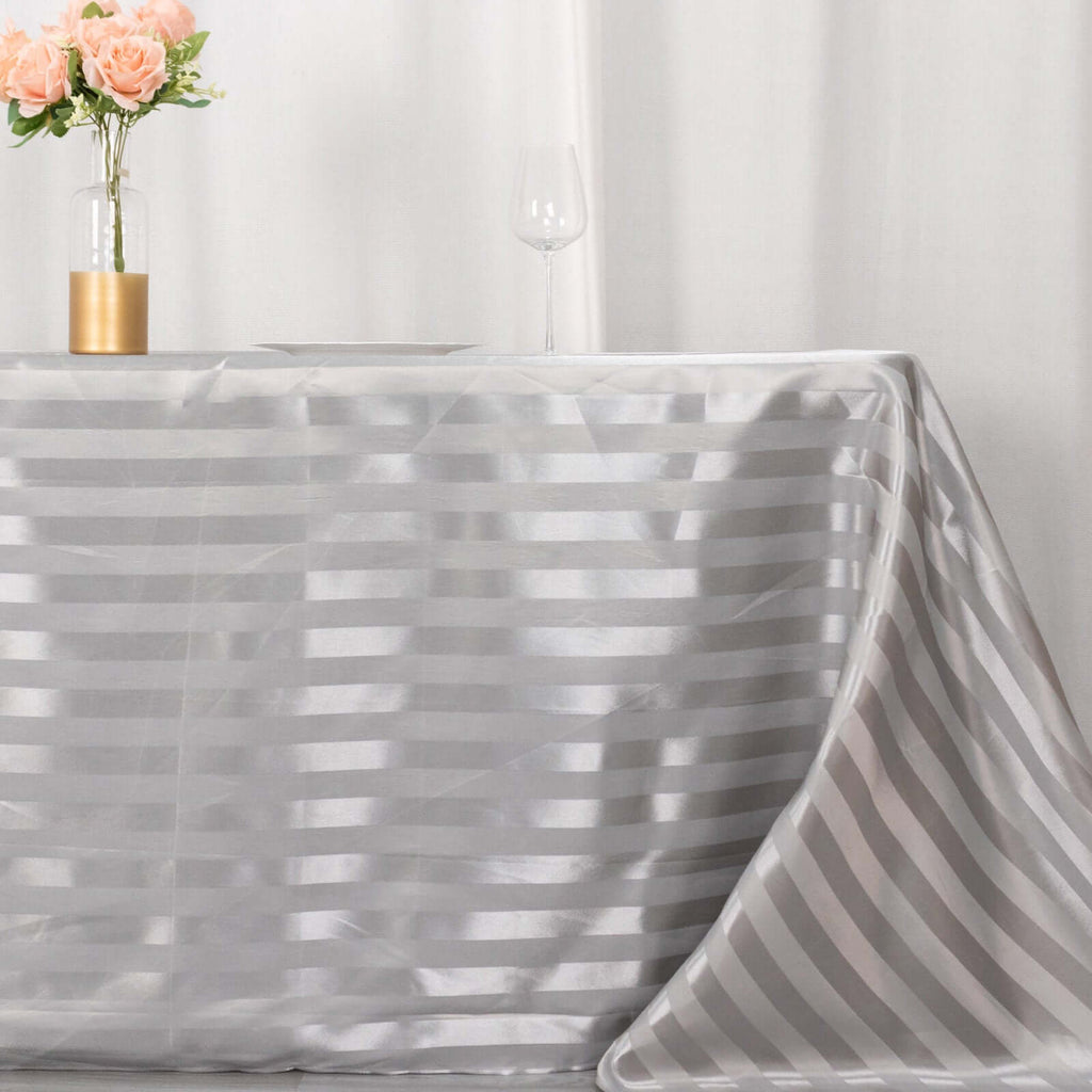 Satin Striped 90"x132" Rectangular Tablecloth Silver - Seamless Silky Smooth Table Cover - Bell Racket Store