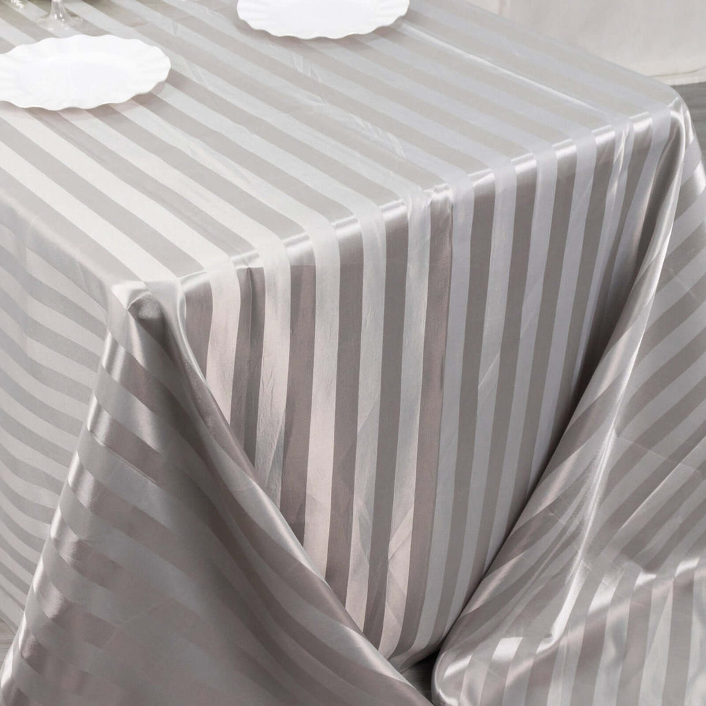 Satin Striped 90"x132" Rectangular Tablecloth Silver - Seamless Silky Smooth Table Cover - Bell Racket Store