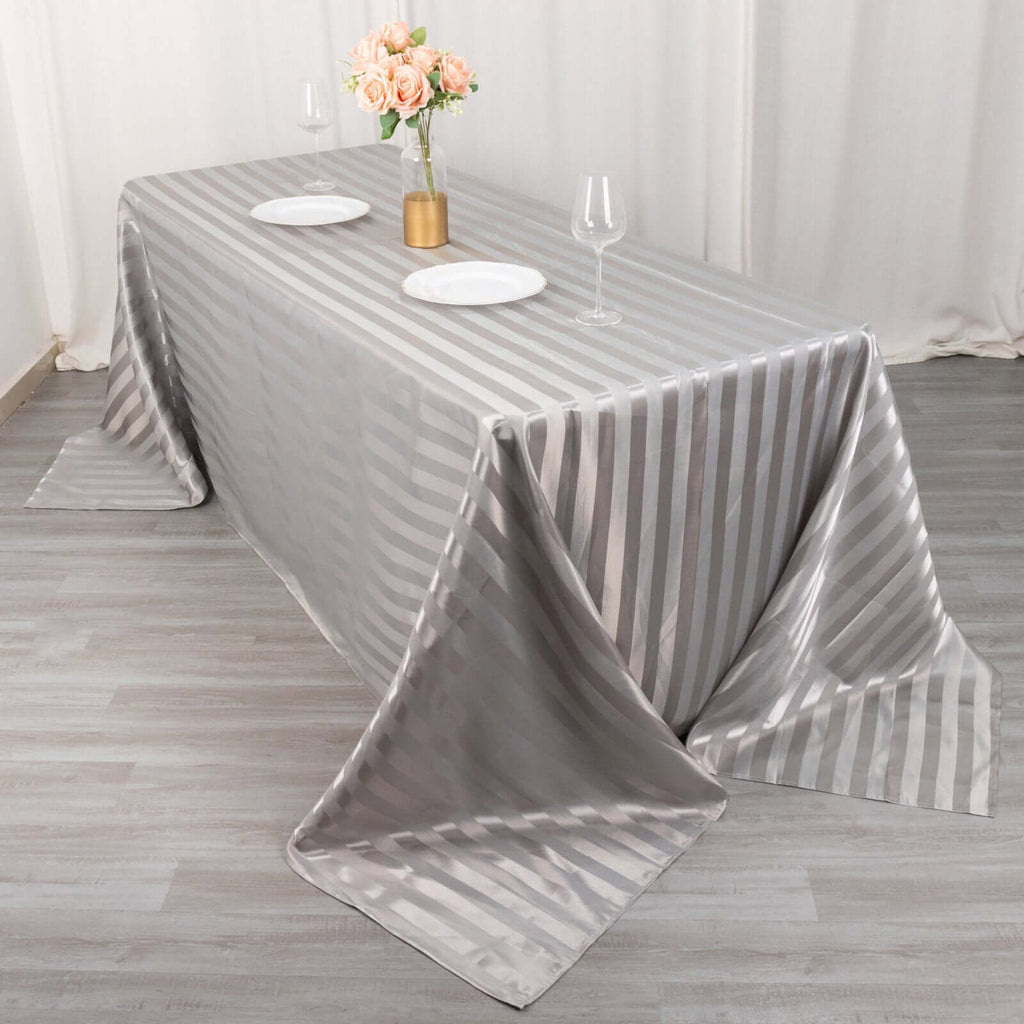 Satin Striped 90"x132" Rectangular Tablecloth Silver - Seamless Silky Smooth Table Cover - Bell Racket Store
