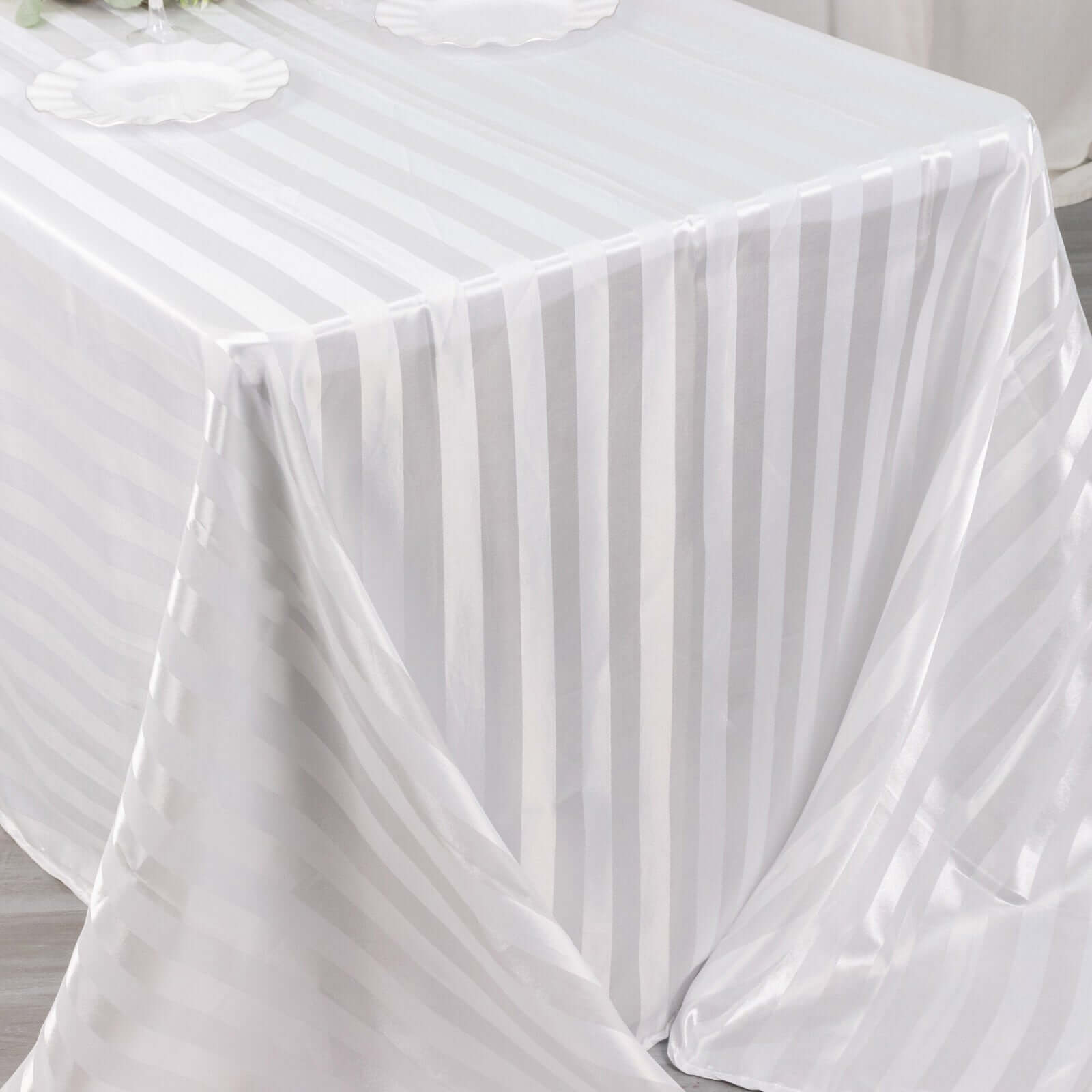 Satin Striped 90"x132" Rectangular Tablecloth White - Seamless Silky Smooth Wedding Decor - Bell Racket Store