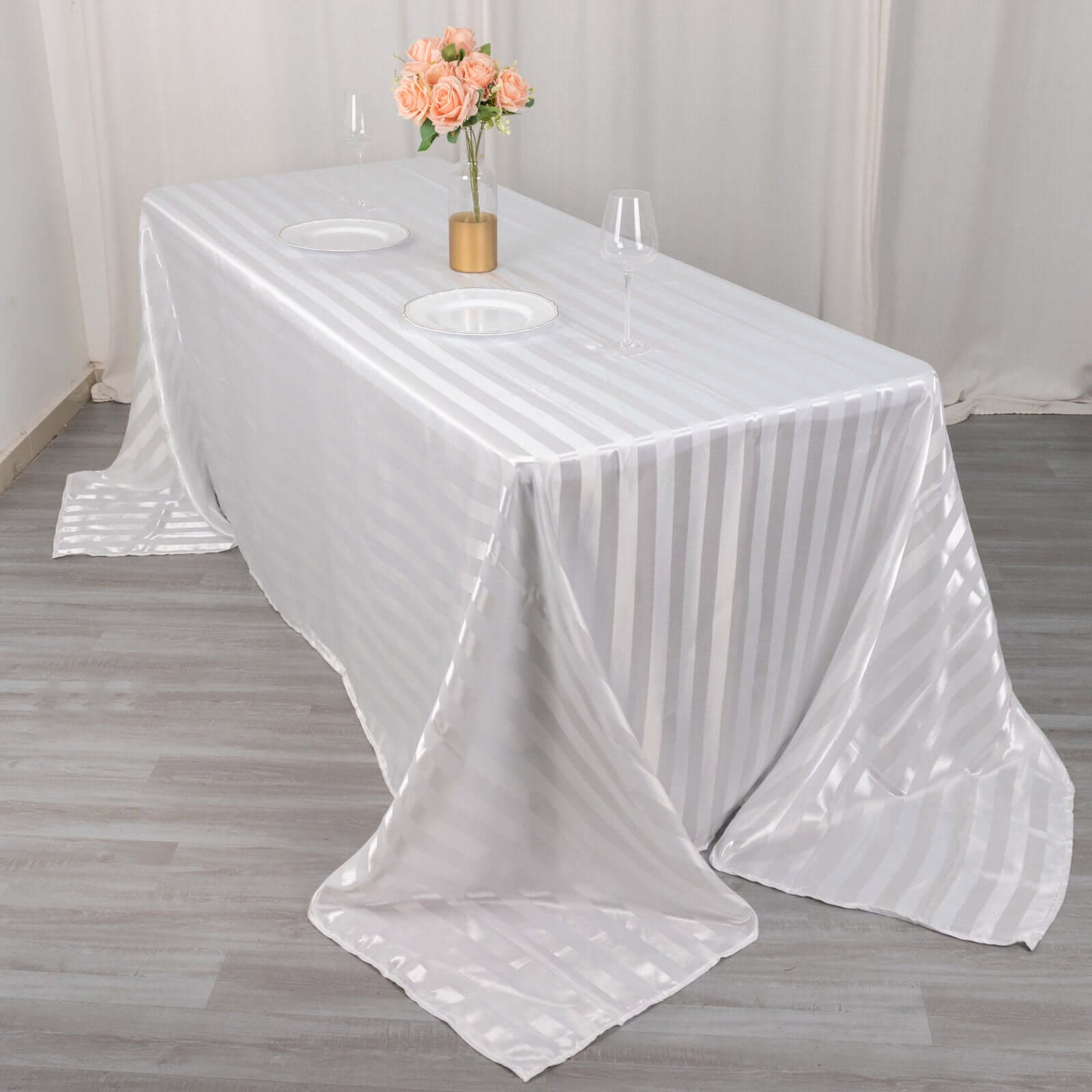 Satin Striped 90"x132" Rectangular Tablecloth White - Seamless Silky Smooth Wedding Decor - Bell Racket Store
