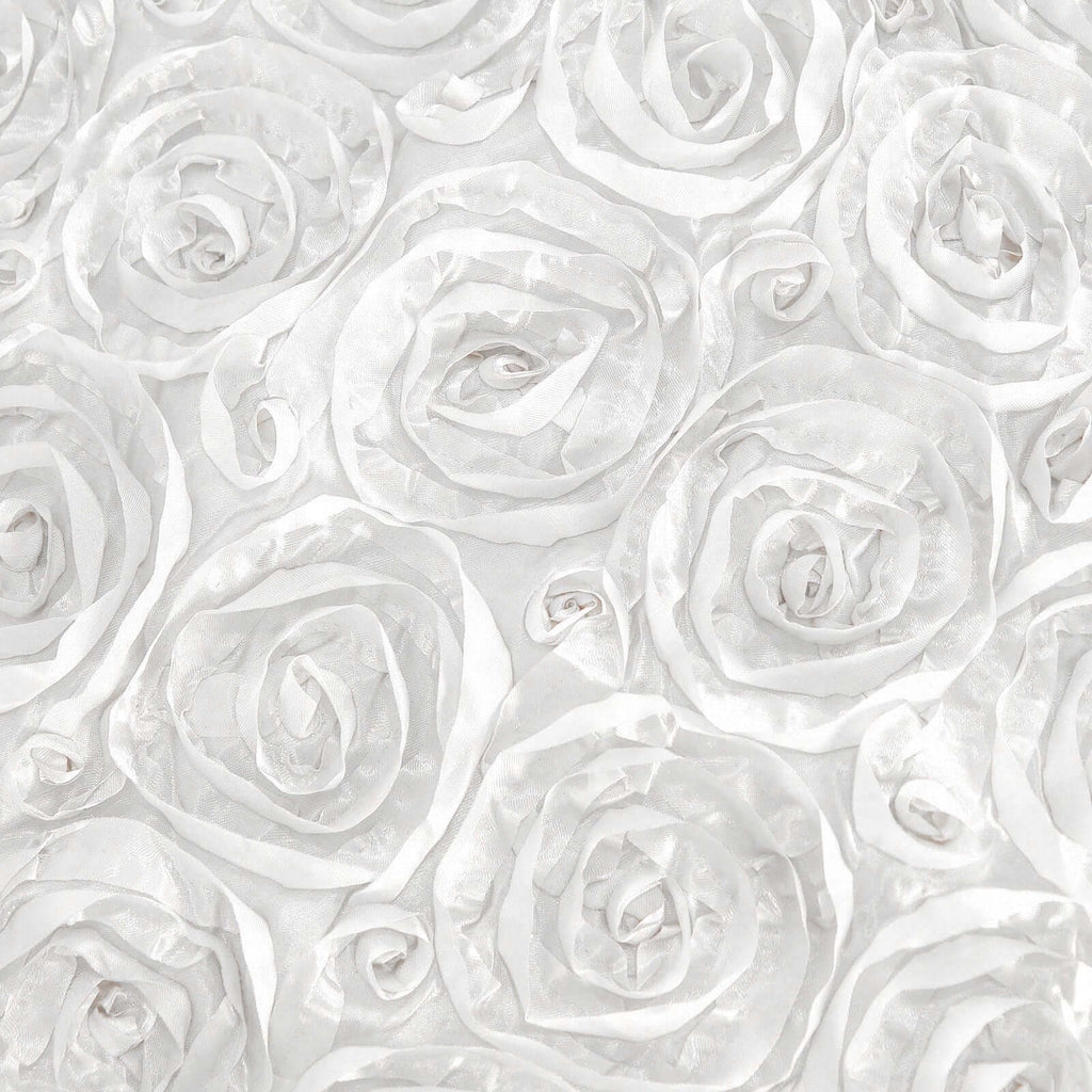 Satin 120" Round Tablecloth White - Grandiose 3D Rosette Design with Seamless Finish for Luxe Events