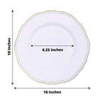 10-Pack Plastic 10" Dinner Plates in White with Gold Scalloped Rim - Disposable Large Party Plates for Upscale Events & Banquets