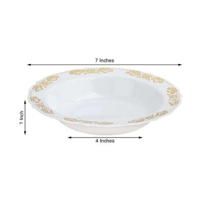 10-Pack Plastic Round Soup Bowl in White with Gold Embossed Scalloped Rim - Sturdy Disposable Salad Dessert Bowls for Catering & Events 12oz