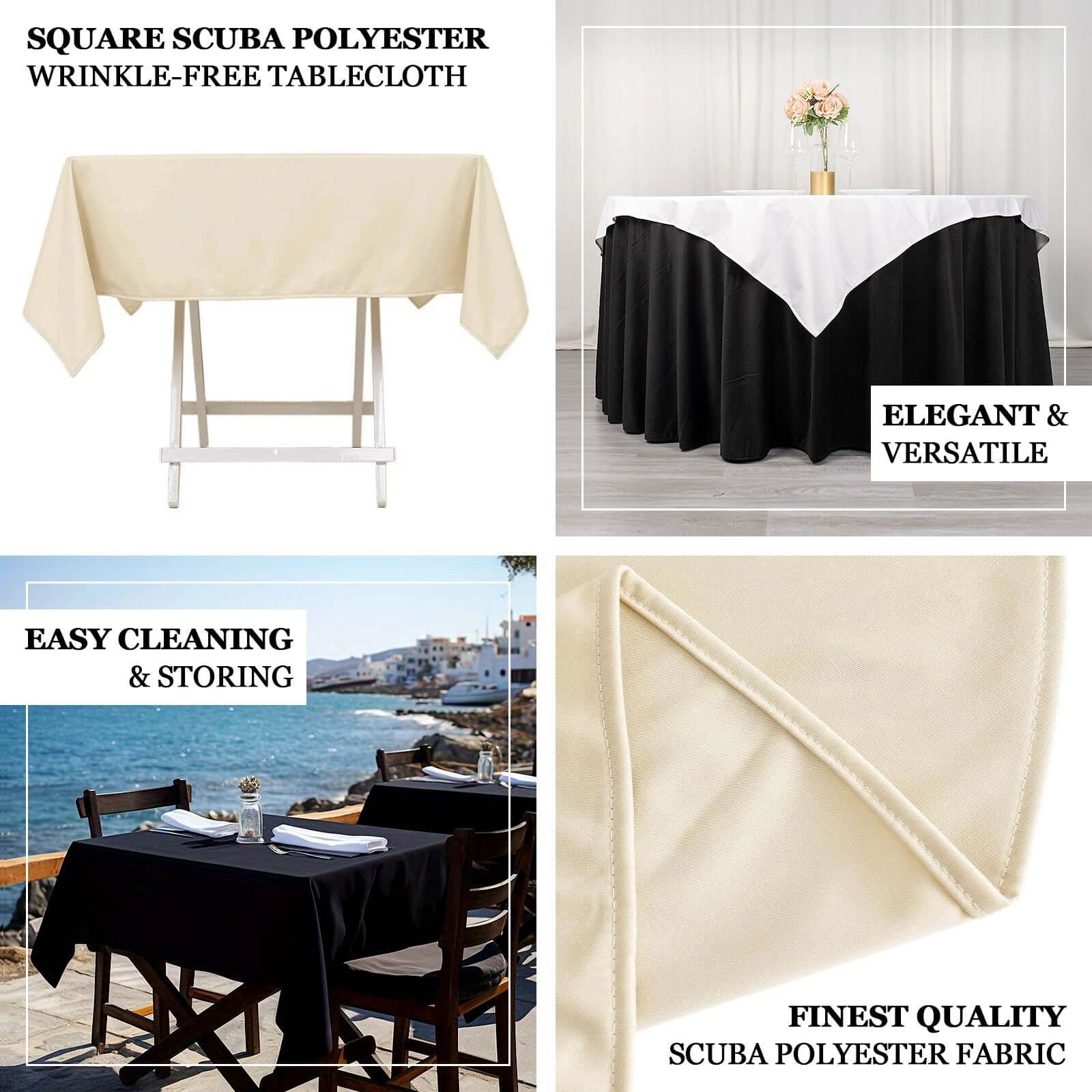 Scuba 54"x54" Table Overlay Square Tablecloth Ivory - Wrinkle Free & Stain Resistant Table Cover - Bell Racket Store