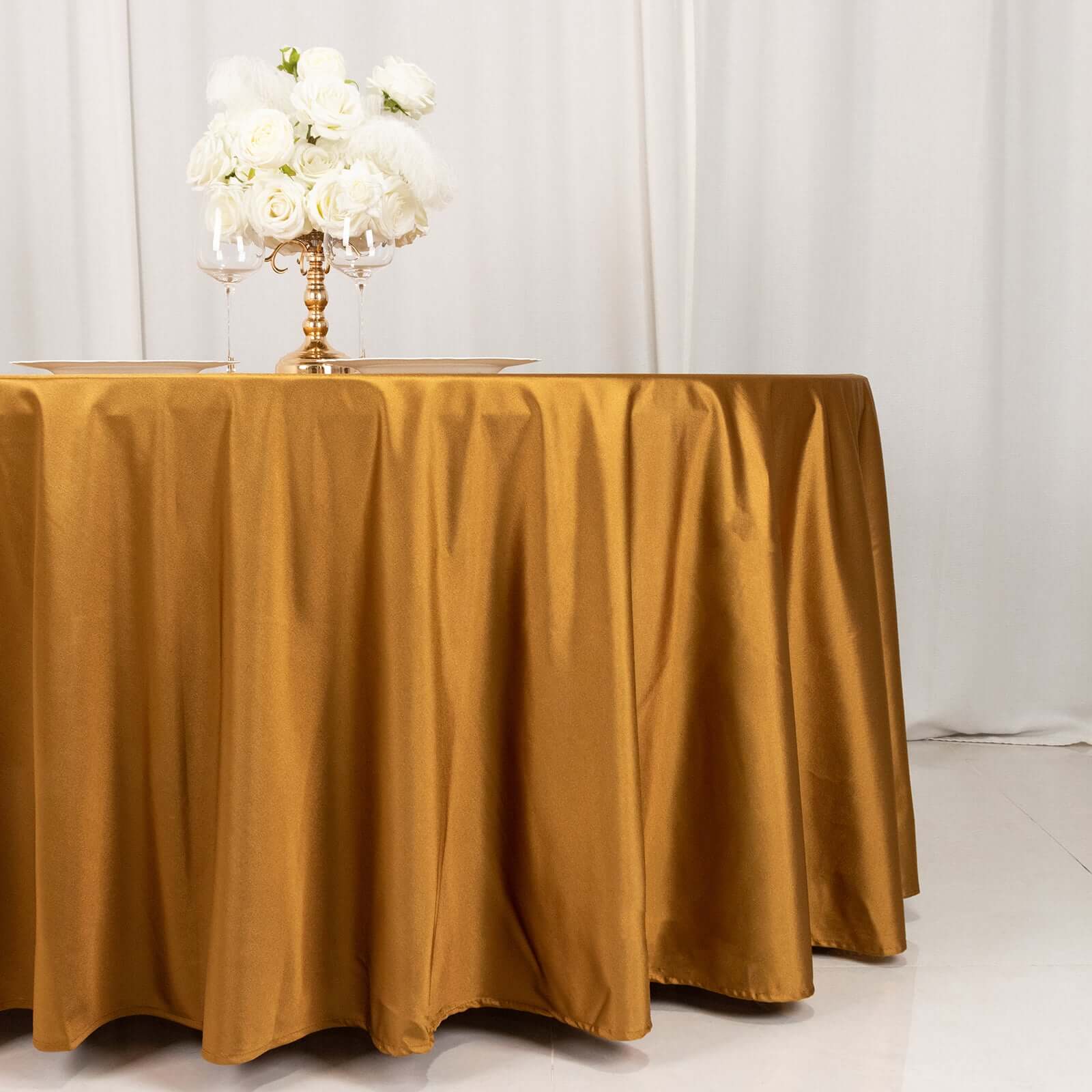 Scuba Round 120" Tablecloth Shimmering Gold - Wrinkle Free, Stain Resistant & Seamless Table Cover for Weddings and Parties - Bell Racket Store