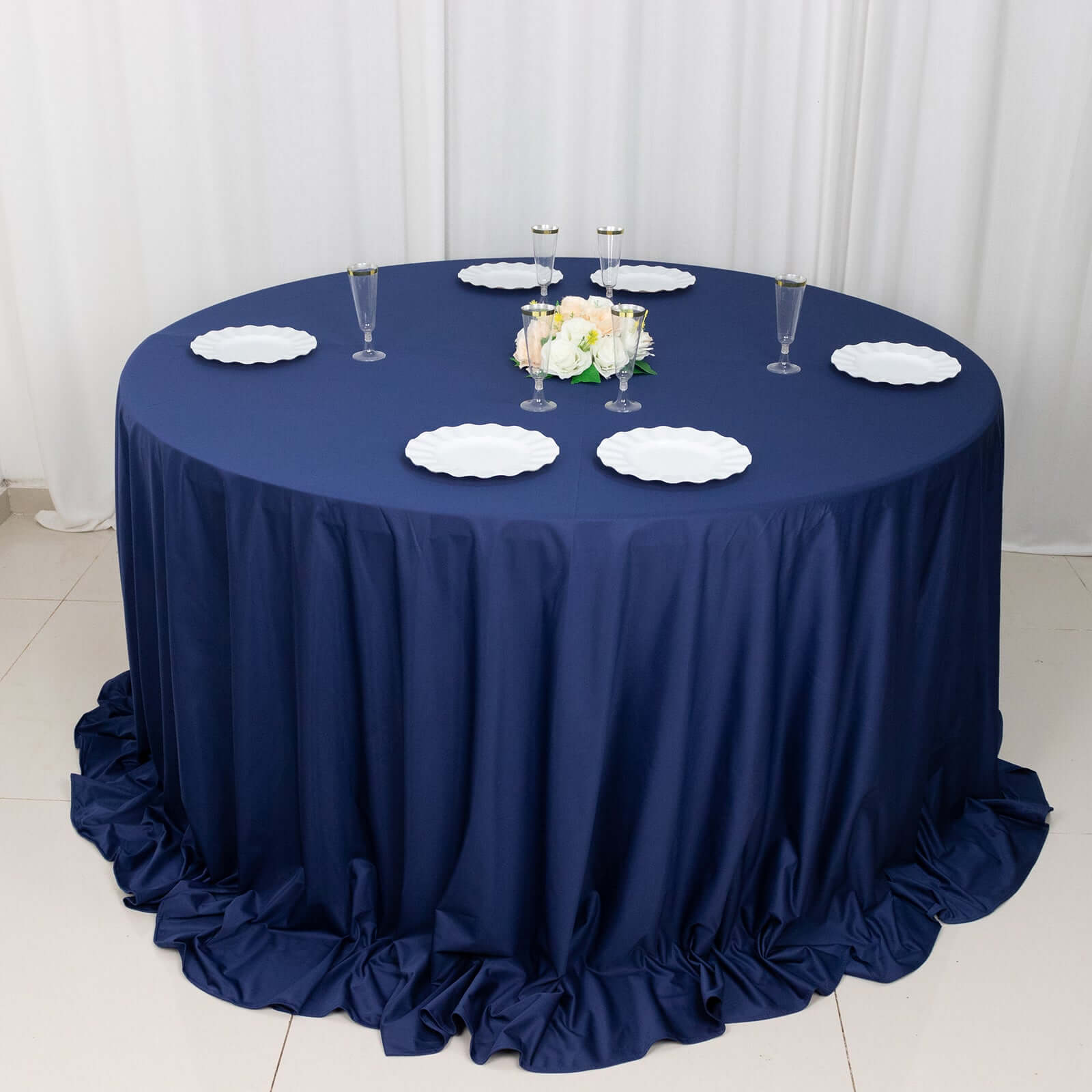 Scuba Round 132" Tablecloth Navy Blue - Wrinkle Free & Stain Resistant Seamless Table Cover - Bell Racket Store