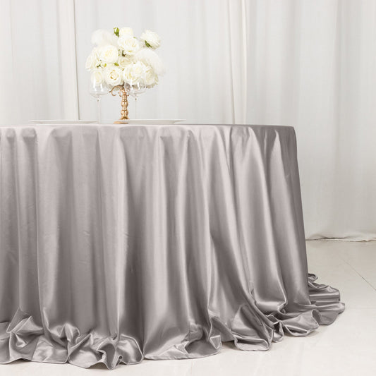 Scuba Round 132" Tablecloth Shimmering Silver - Wrinkle Free, Stain Resistant & Seamless Table Cover - Bell Racket Store