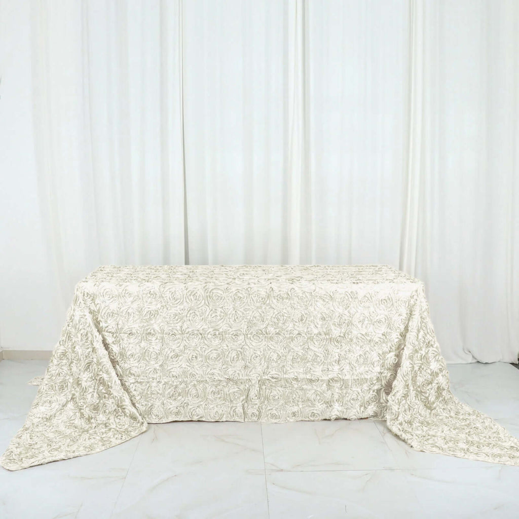 Satin 90"x156" Rectangle Tablecloth Ivory - Grandiose 3D Rosette Table Cover with Seamless Finish