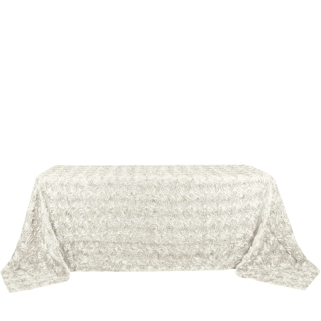 Satin 90"x132" Rectangle Tablecloth Ivory - Grandiose 3D Rosette Seamless Table Cover