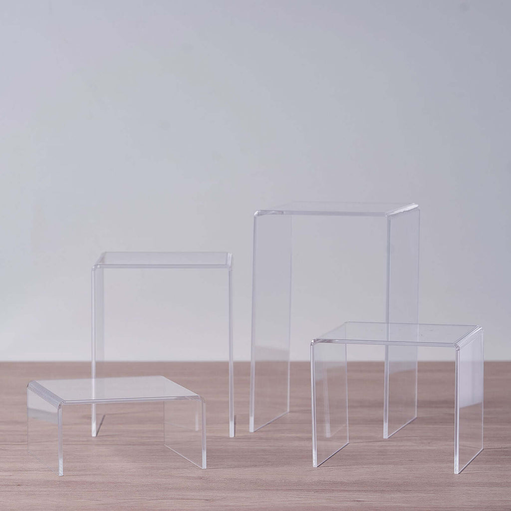 Set of 4 Acrylic Cake Stands Riser Design Clear - Dessert and Cupcake Display Centerpieces Assorted Sizes