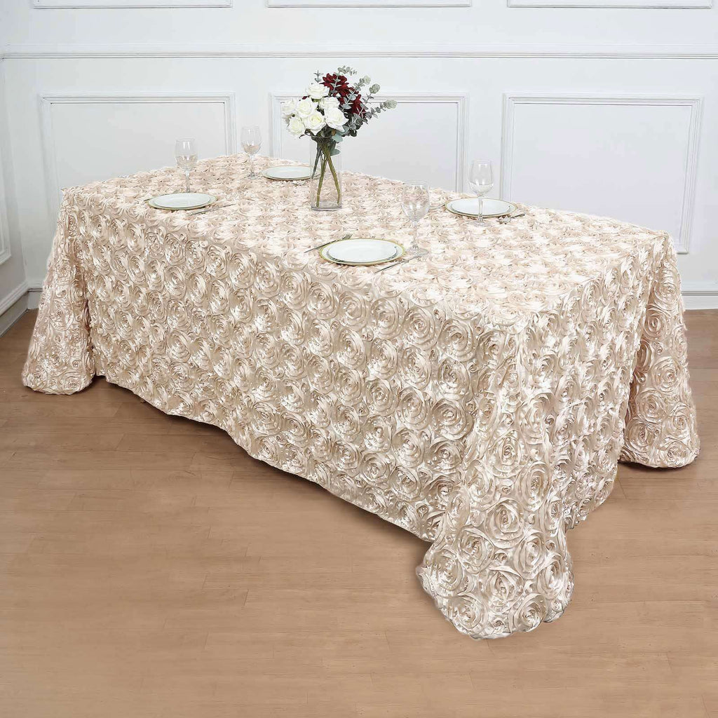 Satin 90"x132" Rectangle Tablecloth Beige - Grandiose 3D Rosette Seamless Table Cover