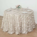 Taffeta 120" Round Tablecloth Beige | 3D Leaf Petal Design Seamless Table Cover for Chic Wedding & Event Decor