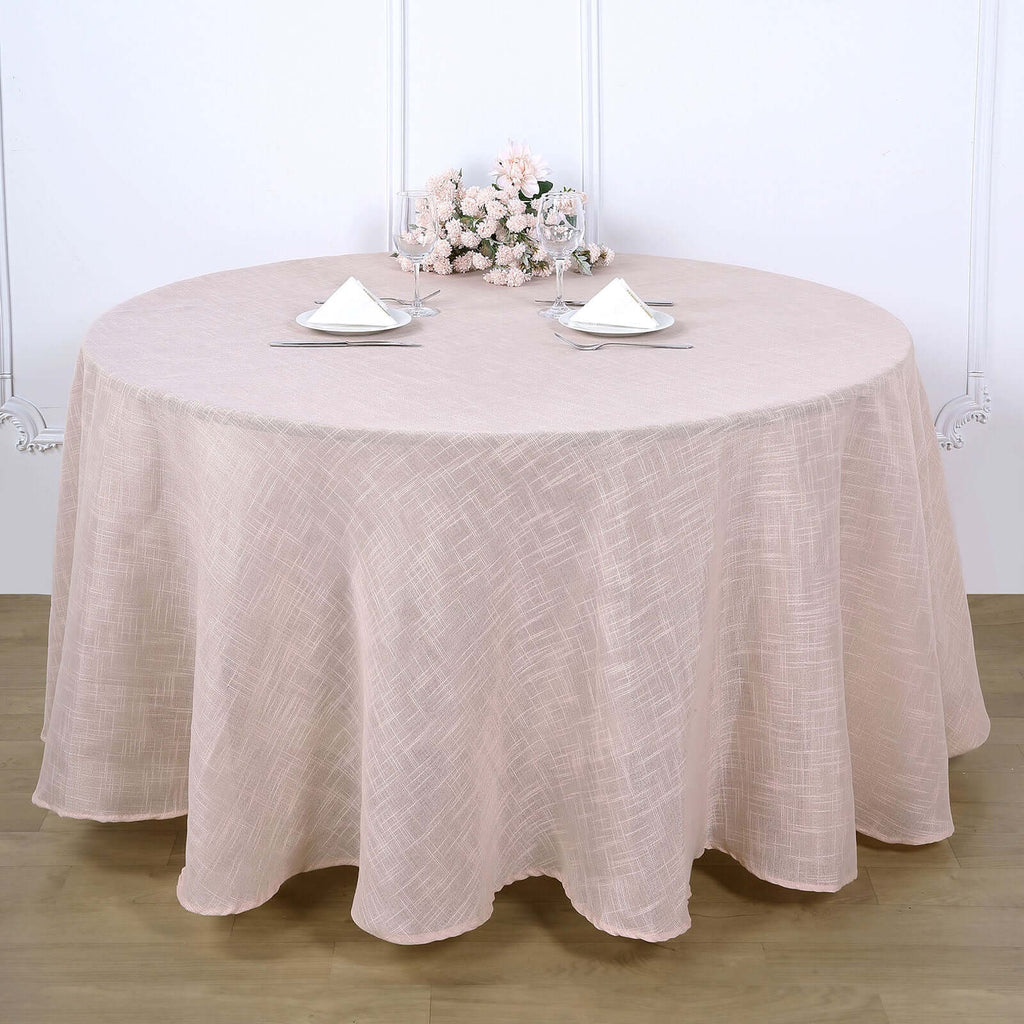 Faux Linen 120" Round Tablecloth Blush - Slubby Texture Wrinkle-Resistant Seamless Table Cover