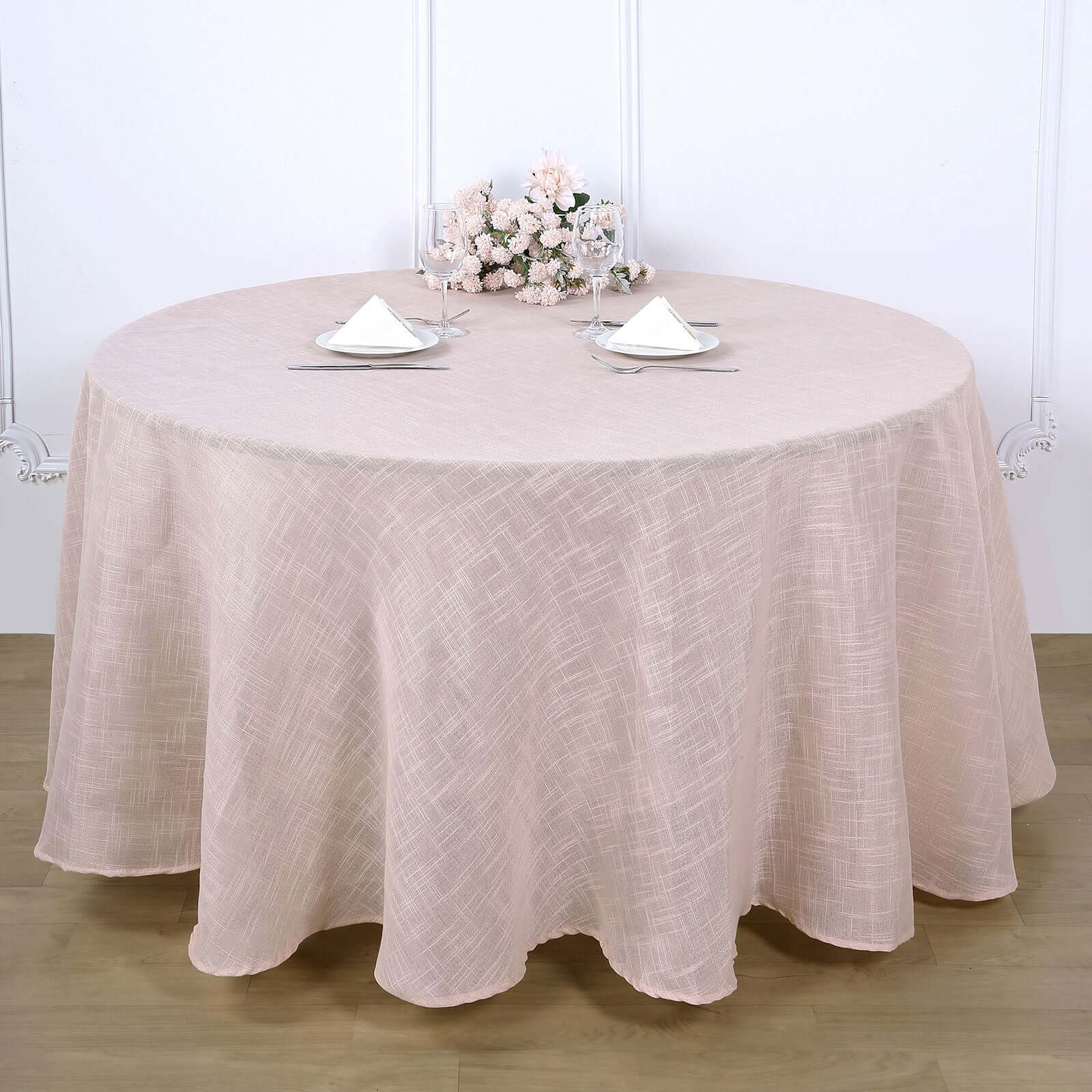 Faux Linen 120" Round Tablecloth Blush - Slubby Texture Wrinkle-Resistant Seamless Table Cover