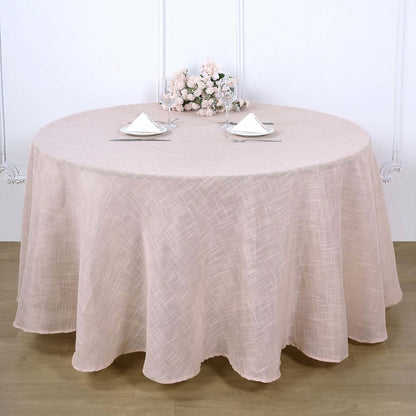 Faux Linen 120" Round Tablecloth Blush - Slubby Texture Wrinkle-Resistant Seamless Table Cover
