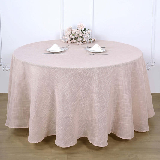 Faux Linen 120" Round Tablecloth Blush - Slubby Texture Wrinkle-Resistant Seamless Table Cover