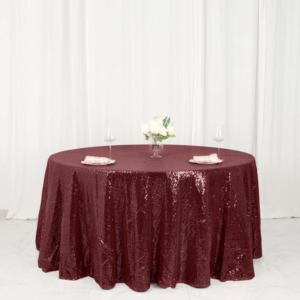 Sequin 120" Round Tablecloth Burgundy - Seamless Glittering Table Cover