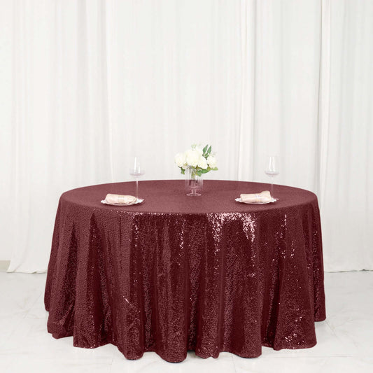 Sequin 120" Round Tablecloth Burgundy - Seamless Glittering Table Cover