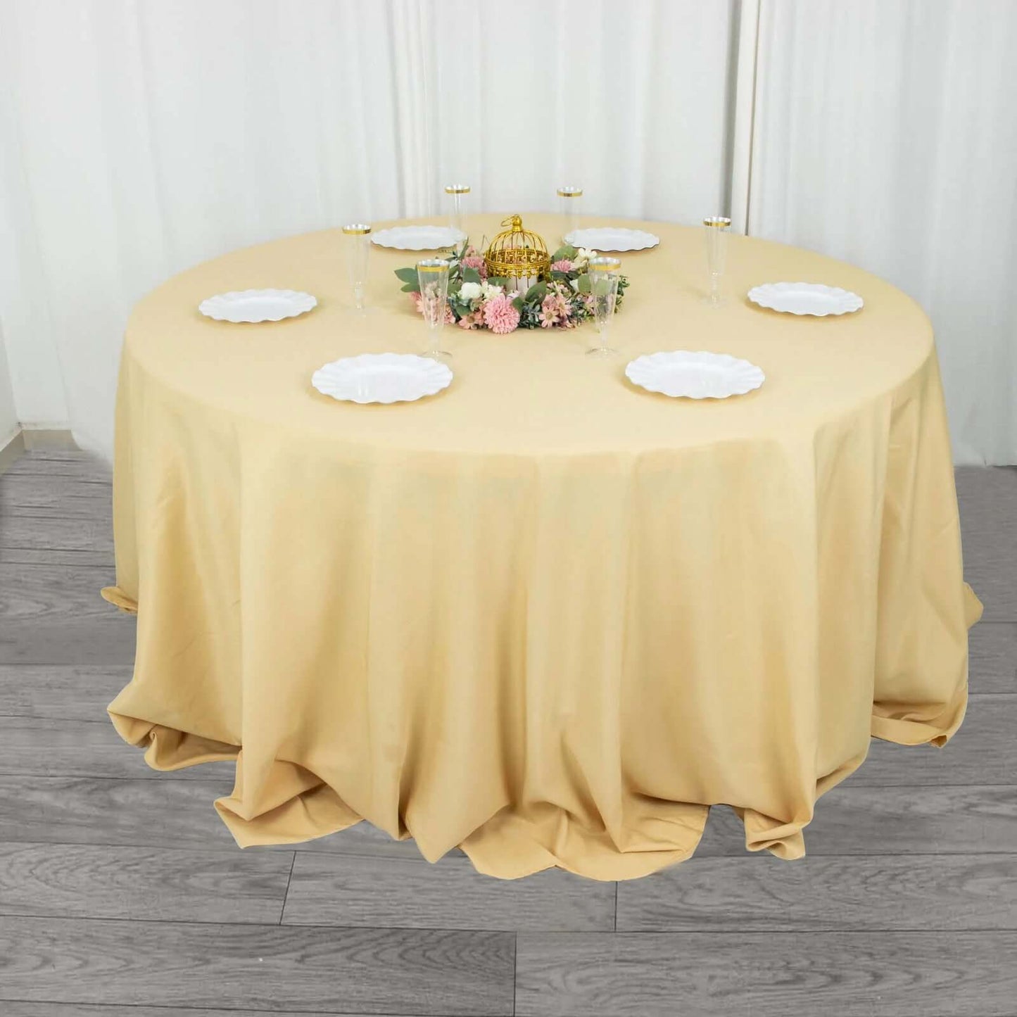 Premium Polyester 132" Round Tablecloth Champagne - Seamless 220GSM Wrinkle-Resistant Table Cover