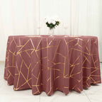 Polyester 120" Round Tablecloth Cinnamon Rose with Gold Foil Geometric Pattern Wrinkle-Resistant Seamless Table Cover