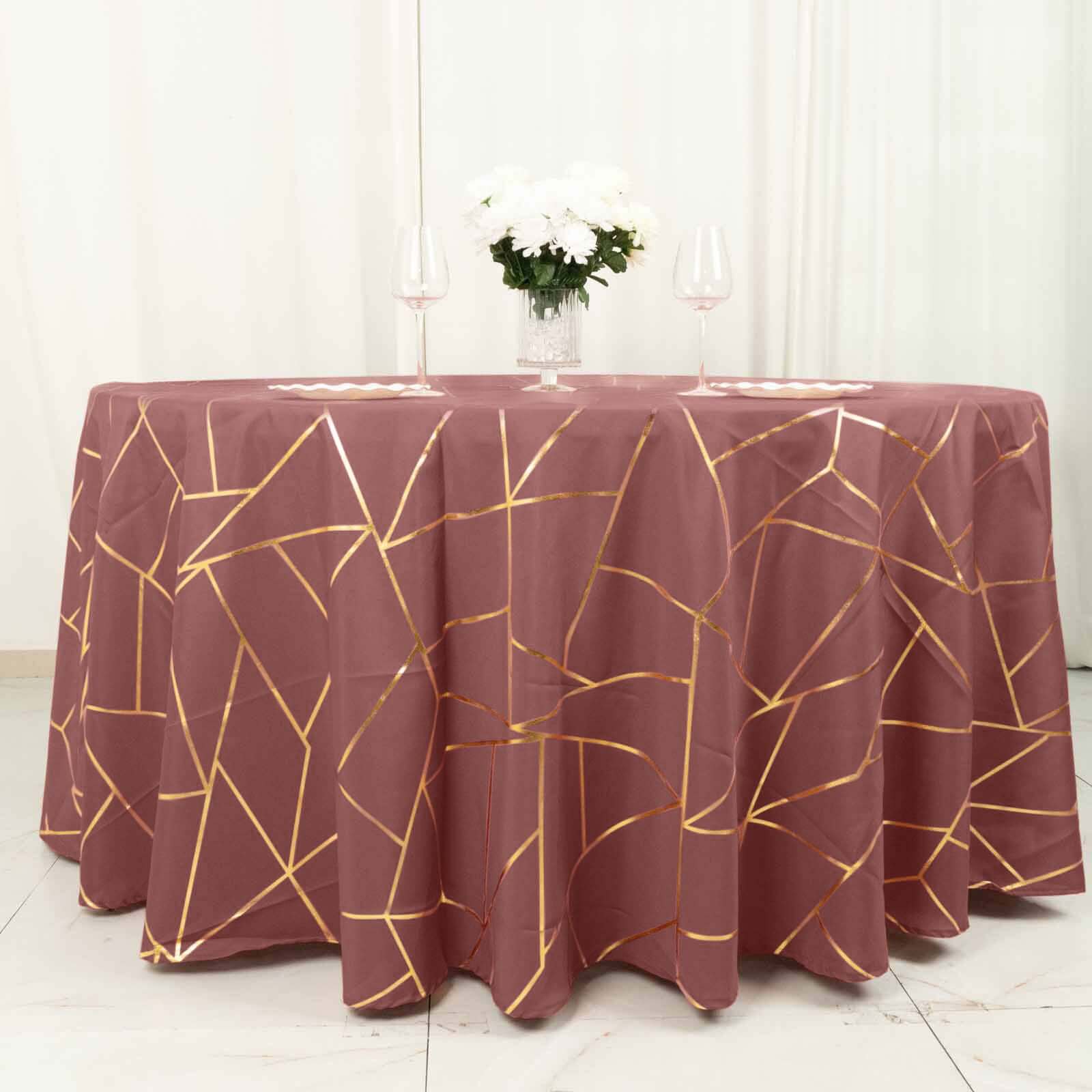 Polyester 120" Round Tablecloth Cinnamon Rose with Gold Foil Geometric Pattern Wrinkle-Resistant Seamless Table Cover