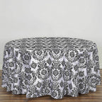 Taffeta 120" Round Tablecloth Black - Seamless Velvet Flocking Damask Design for Sophisticated Gatherings