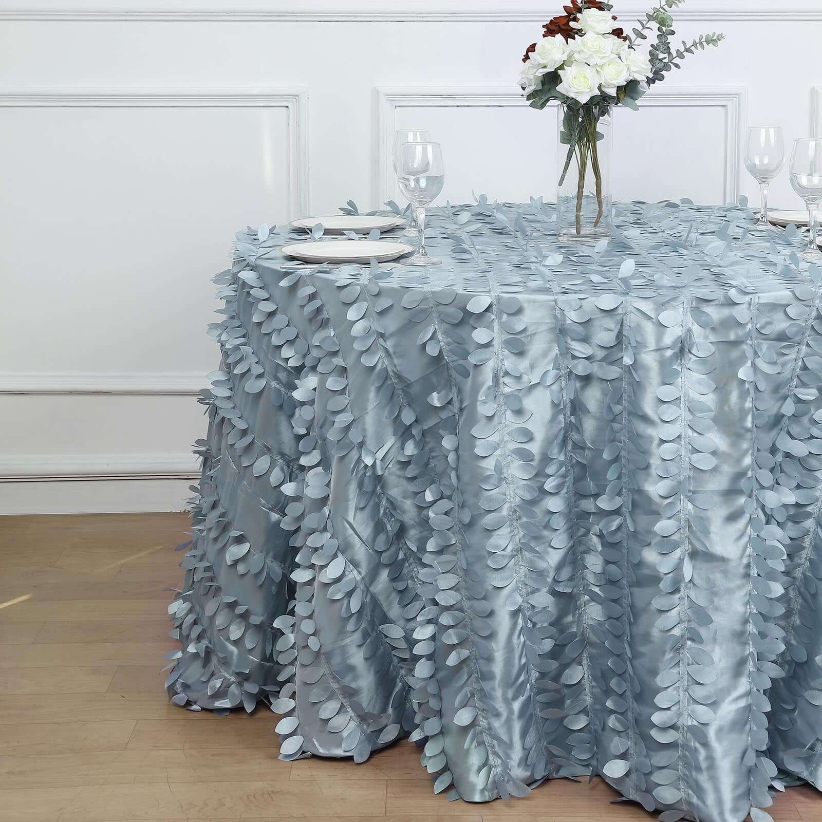 Taffeta 120" Round Tablecloth Dusty Blue | 3D Leaf Petal Design Seamless Table Cover