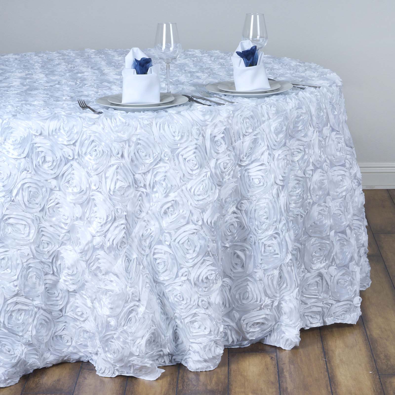 Satin 132" Round Tablecloth White - Grandiose 3D Rosette Design with Seamless Finish for Chic Occasions