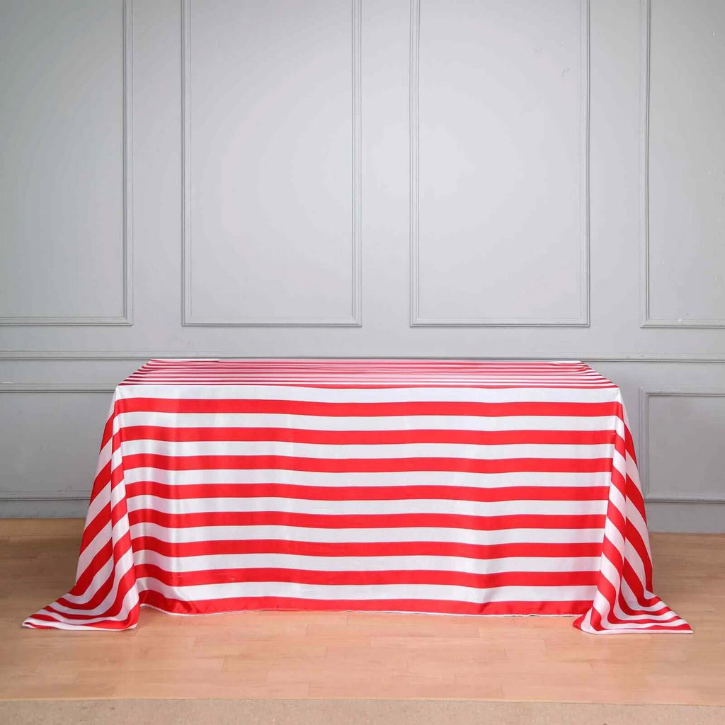 Satin 90"x156" Rectangle Tablecloth Red/White - Stripe Design with Seamless Finish Table Cover