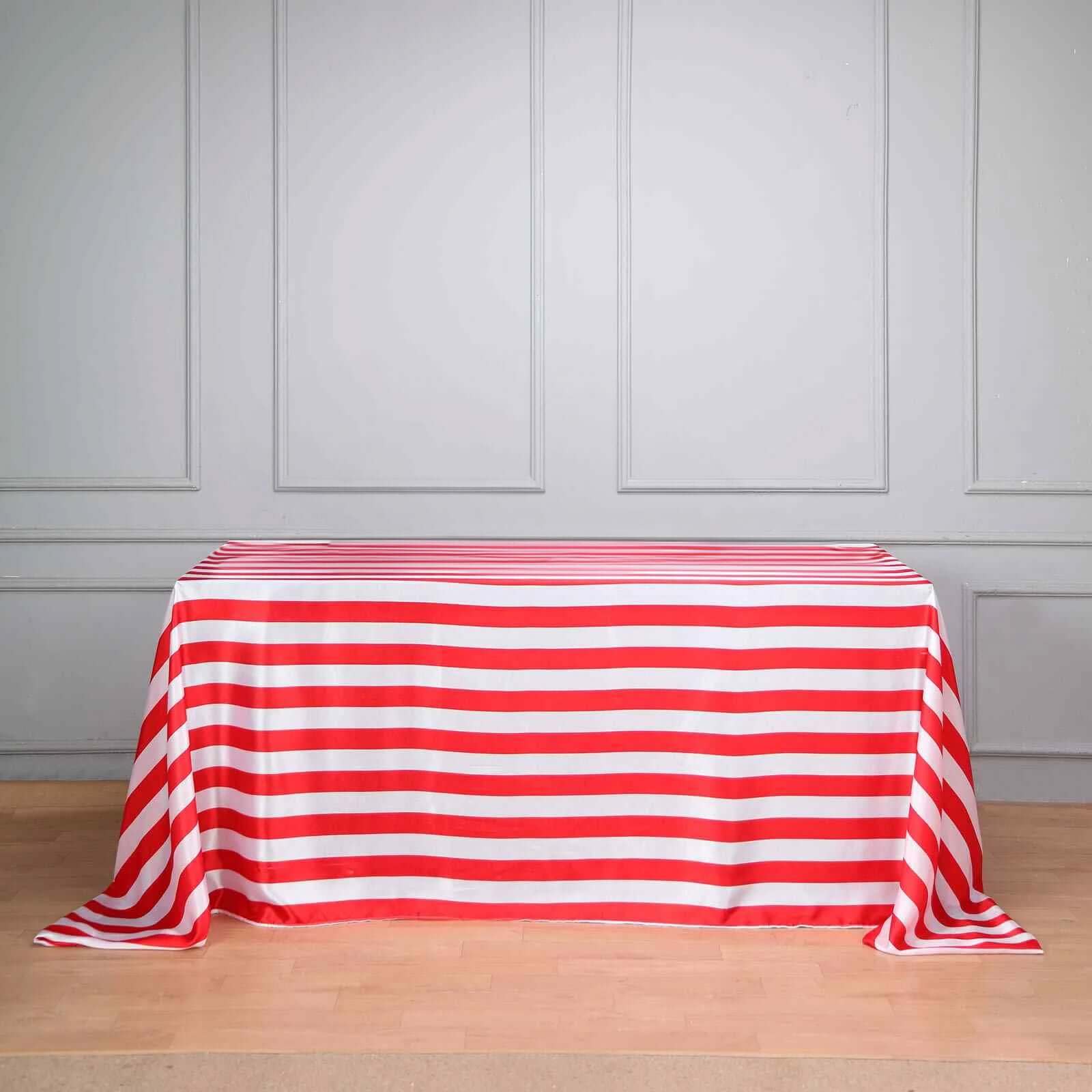 Satin 90"x156" Rectangle Tablecloth Red/White - Stripe Design with Seamless Finish Table Cover