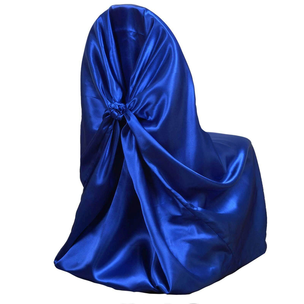 Satin Chair Cover Self-Tie Universal Design Royal Blue - Durable Slip-On Cover for Folding, Dining, Banquet & Standard Chairs