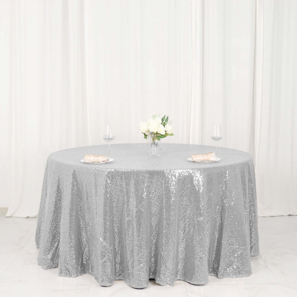 Sequin 120" Round Tablecloth Silver - Seamless Glittering Table Cover