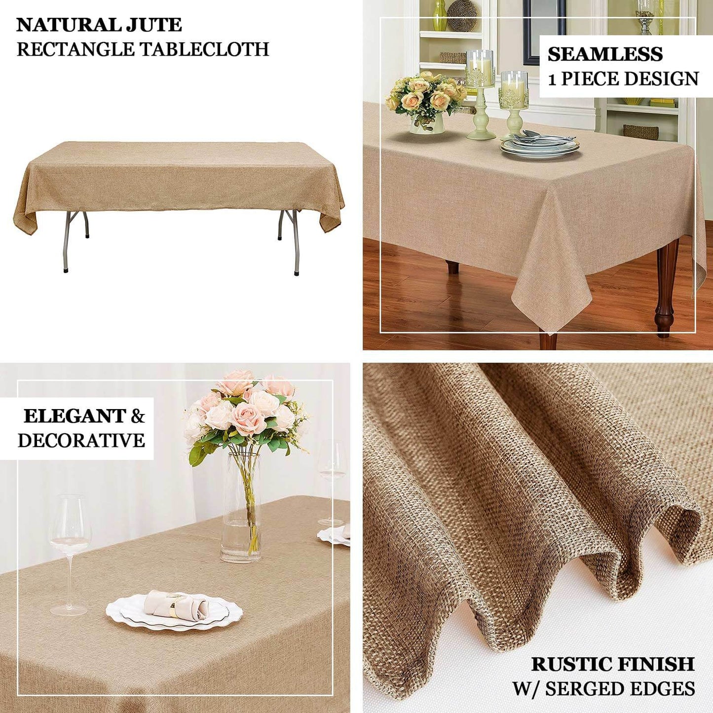 Faux Burlap Jute 54"x96" Rectangle Tablecloth Natural - Rustic Event Table Linen