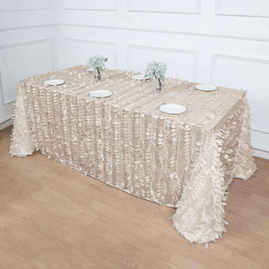 Taffeta 90"x132" Rectangle Tablecloth Beige | 3D Leaf Petal Design Seamless Table Cover