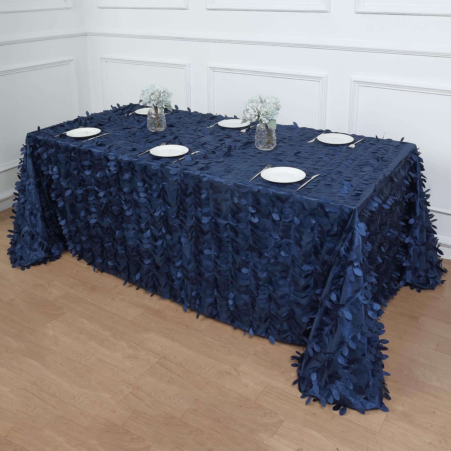 Taffeta 90"x132" Rectangle Tablecloth Navy Blue | 3D Leaf Petal Design Seamless Table Cover