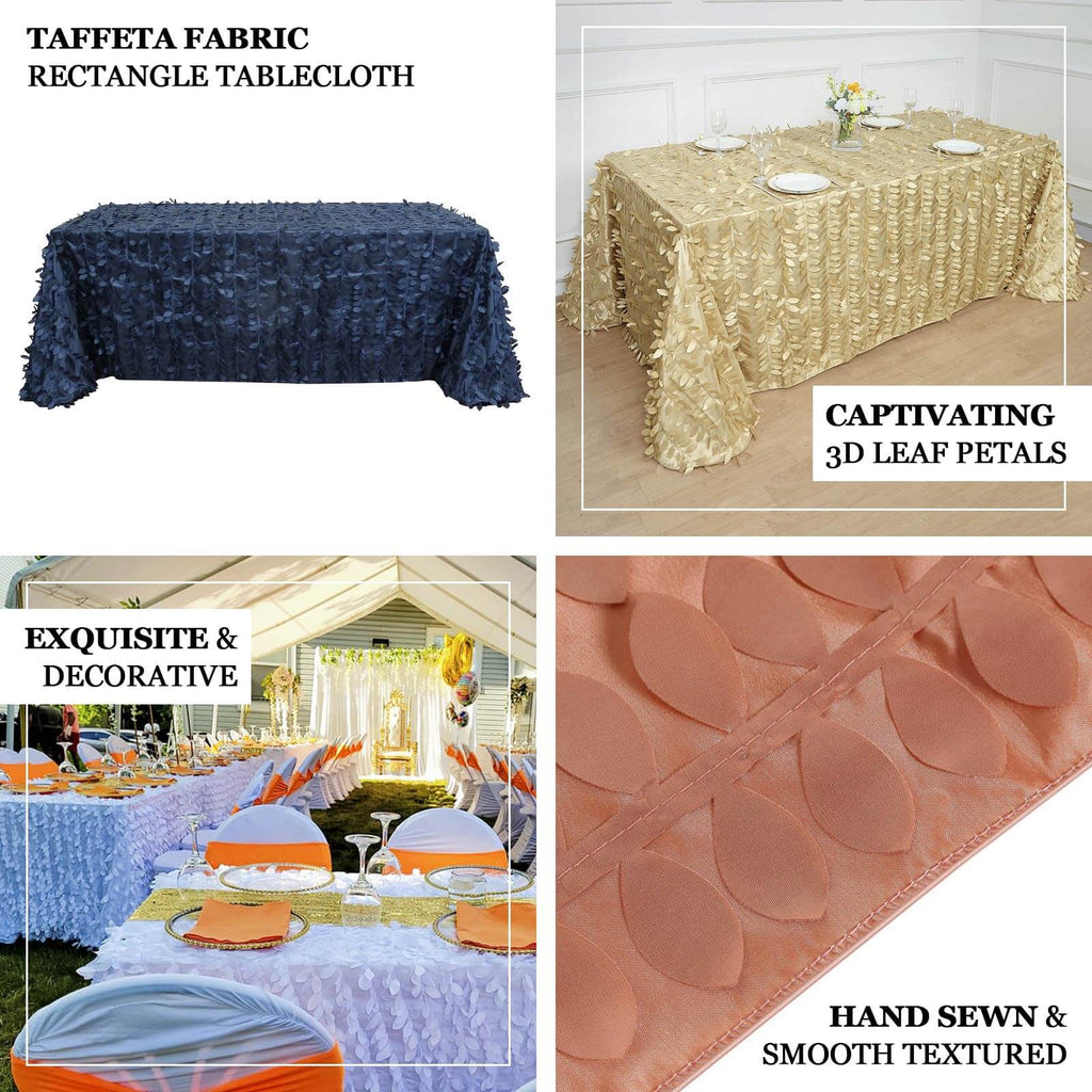 Taffeta 90"x156" Rectangle Tablecloth White | 3D Leaf Petal Design Seamless Table Cover for Stylish Wedding & Event Decor