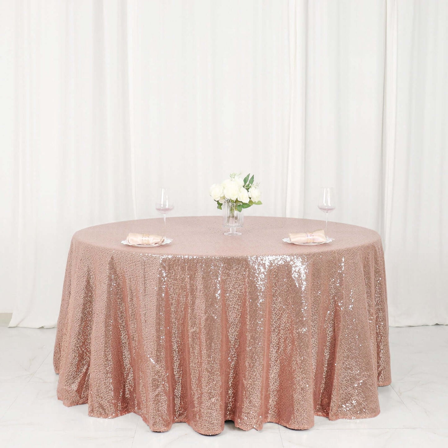 Sequin 120" Round Tablecloth Rose Gold - Seamless Glittering Table Cover