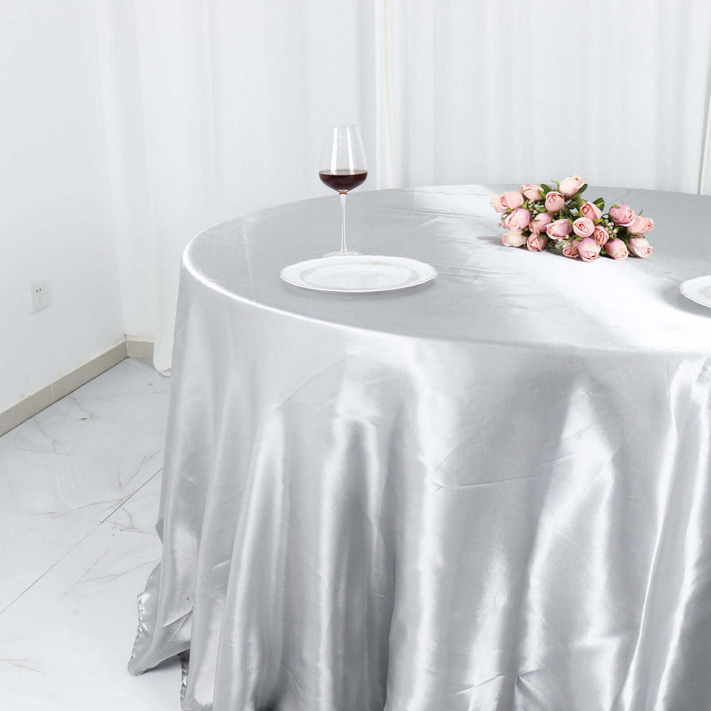 Satin 132" Round Tablecloth Silver - Stylish Seamless Table Cover