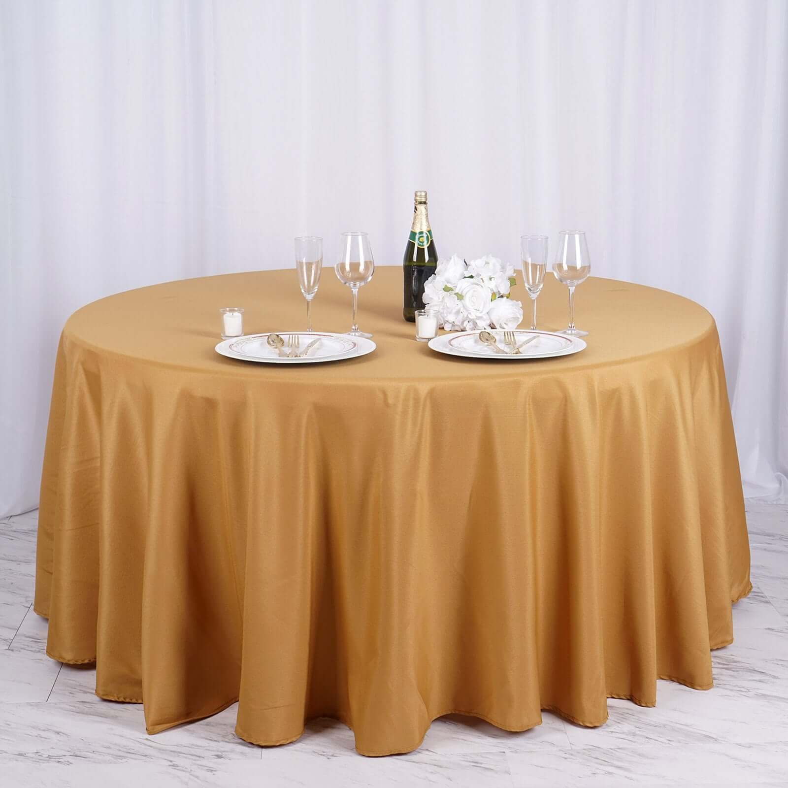 Polyester 132" Round Tablecloth Gold - Seamless Chic Design for Grand Celebrations