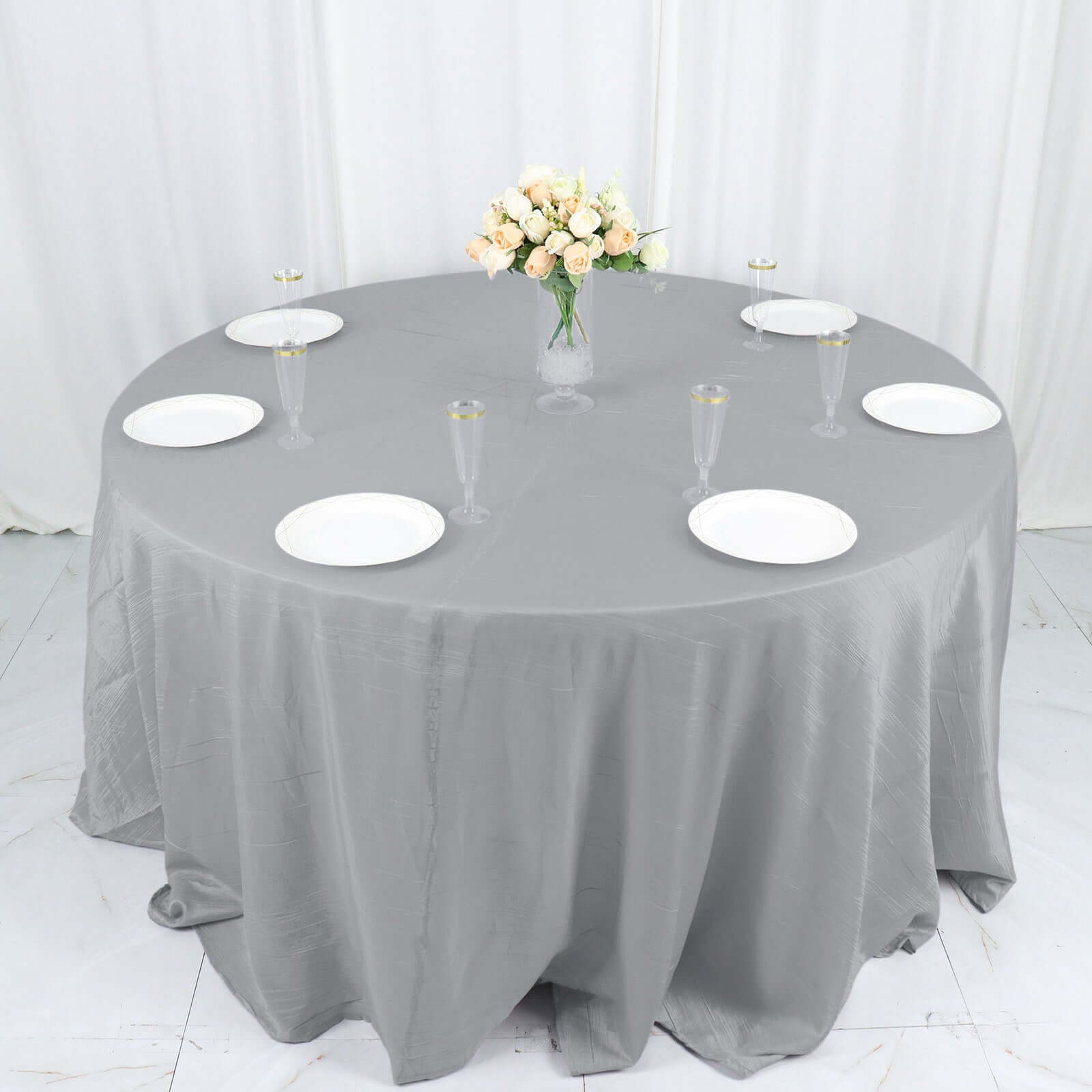 Taffeta 132" Round Tablecloth Silver - Seamless Accordion Crinkle Table Cover