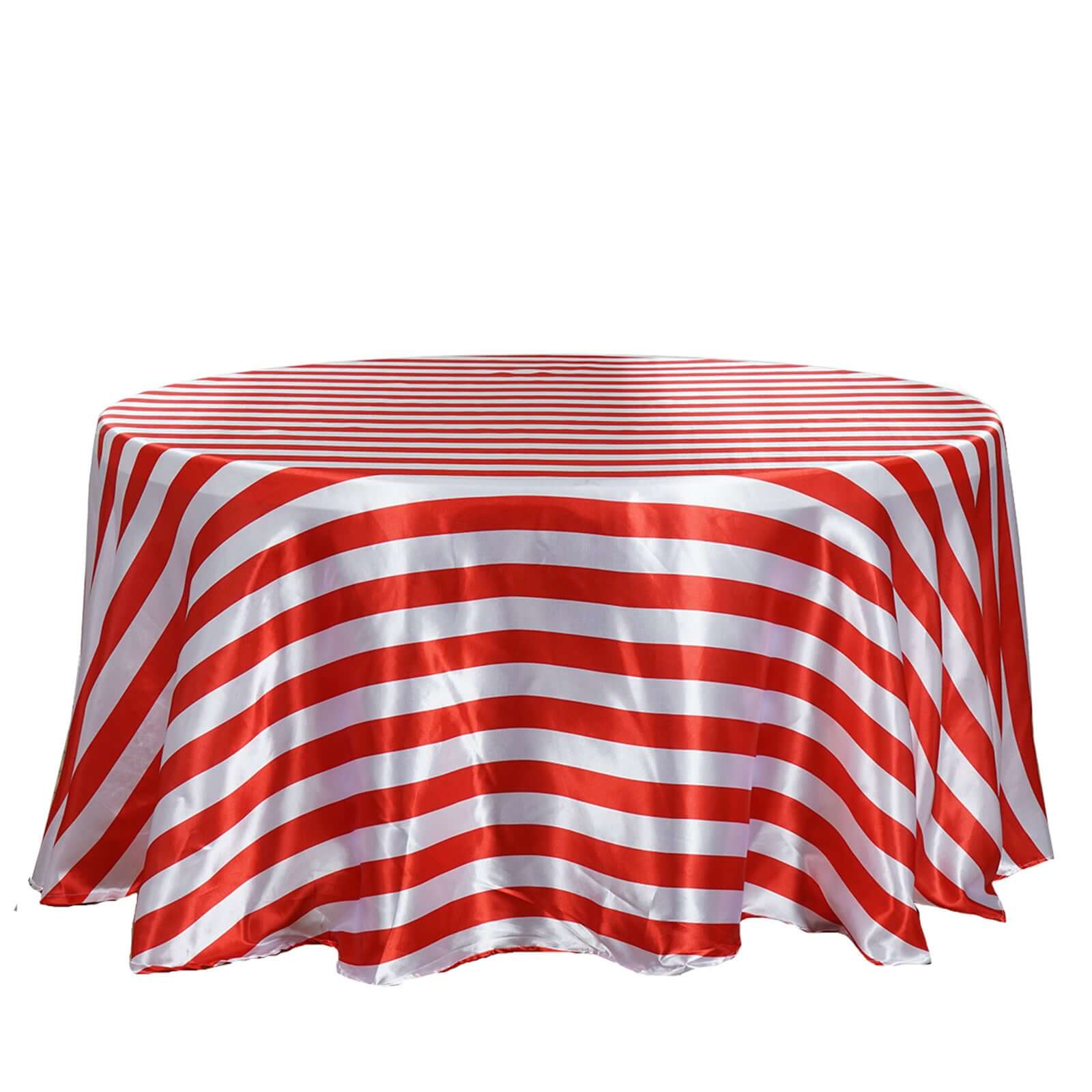 Satin 120" Round Tablecloth Red/White - Stripe Design with Seamless Silky Smooth Finish Table Cover