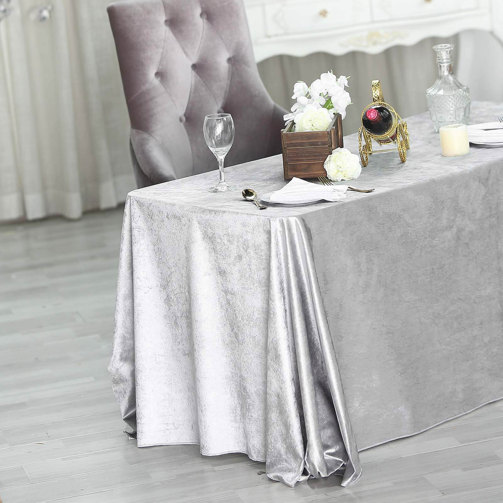 Premium Velvet 90"x132" Rectangle Tablecloth Silver - Reusable Soft & Seamless Table Cover