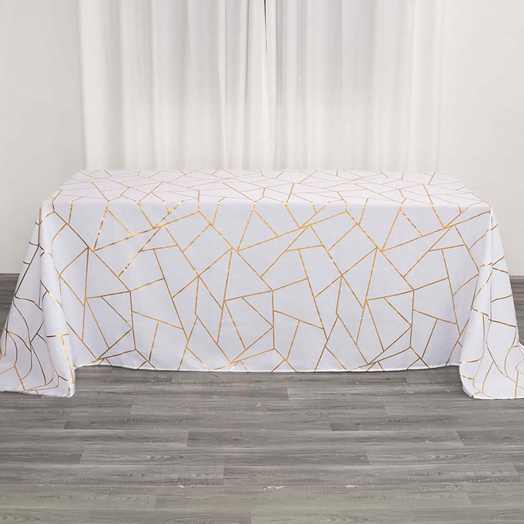 Polyester 90"x132" Rectangle Tablecloth White Seamless with Gold Foil Geometric Pattern - Wrinkle-Resistant Seamless Table Cover for Sophisticated Events